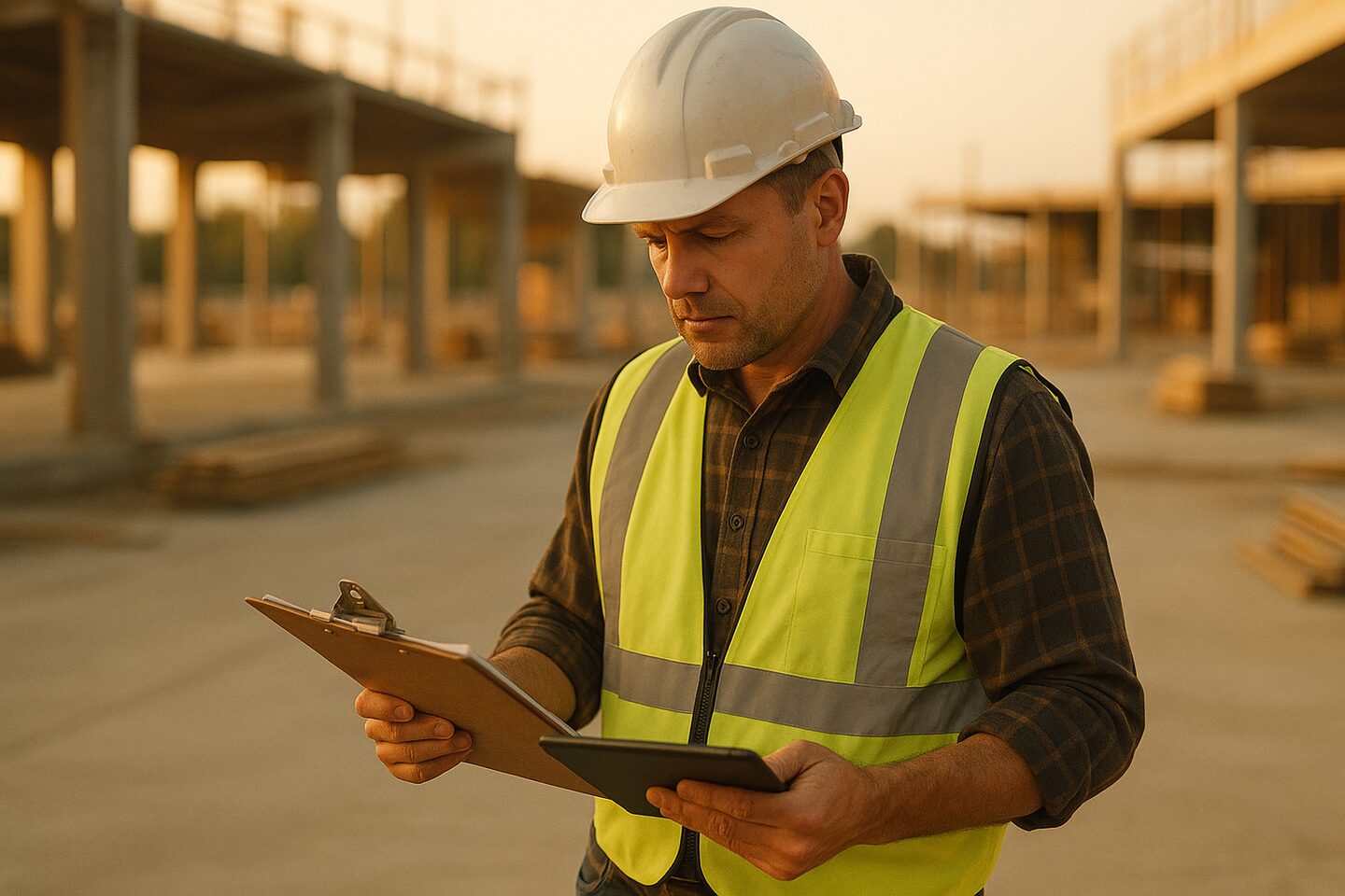 Contractor reviewing documents on site